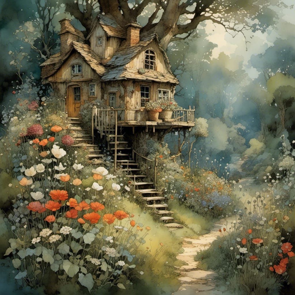 Rustic Treehouse in Intricately Detailed Whimsical Style