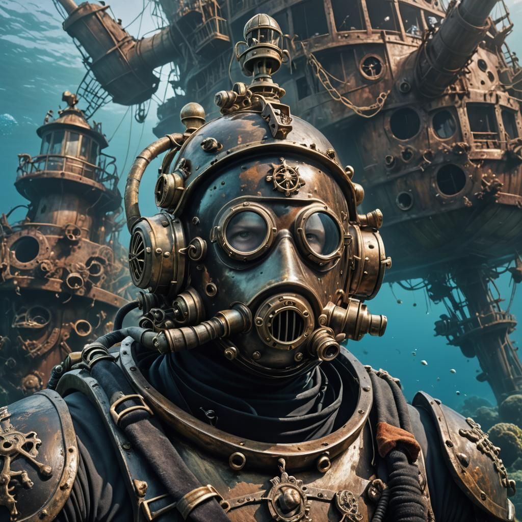 Diver Explores Sunken Ship in Pastel Colors