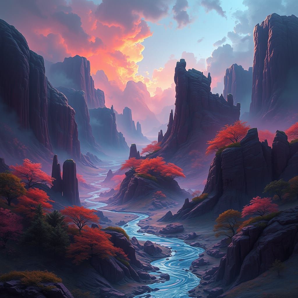 Ethereal Fantasy Realm in Cyberpunk Style