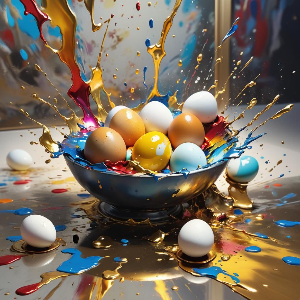 Angry Eggs Visit Art Museum: Hyperrealistic Splash Art