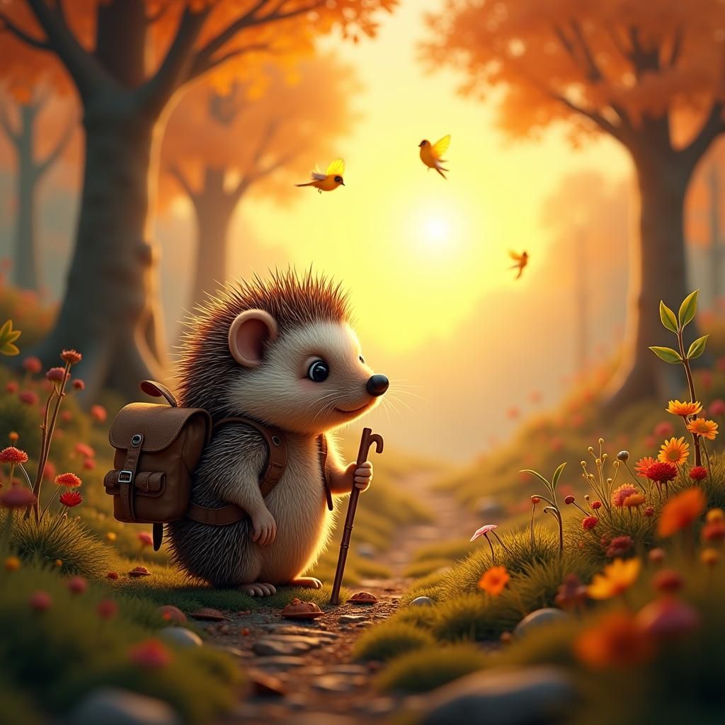 Hedgehog Explores Autumnal Woodland in Fantasy Style