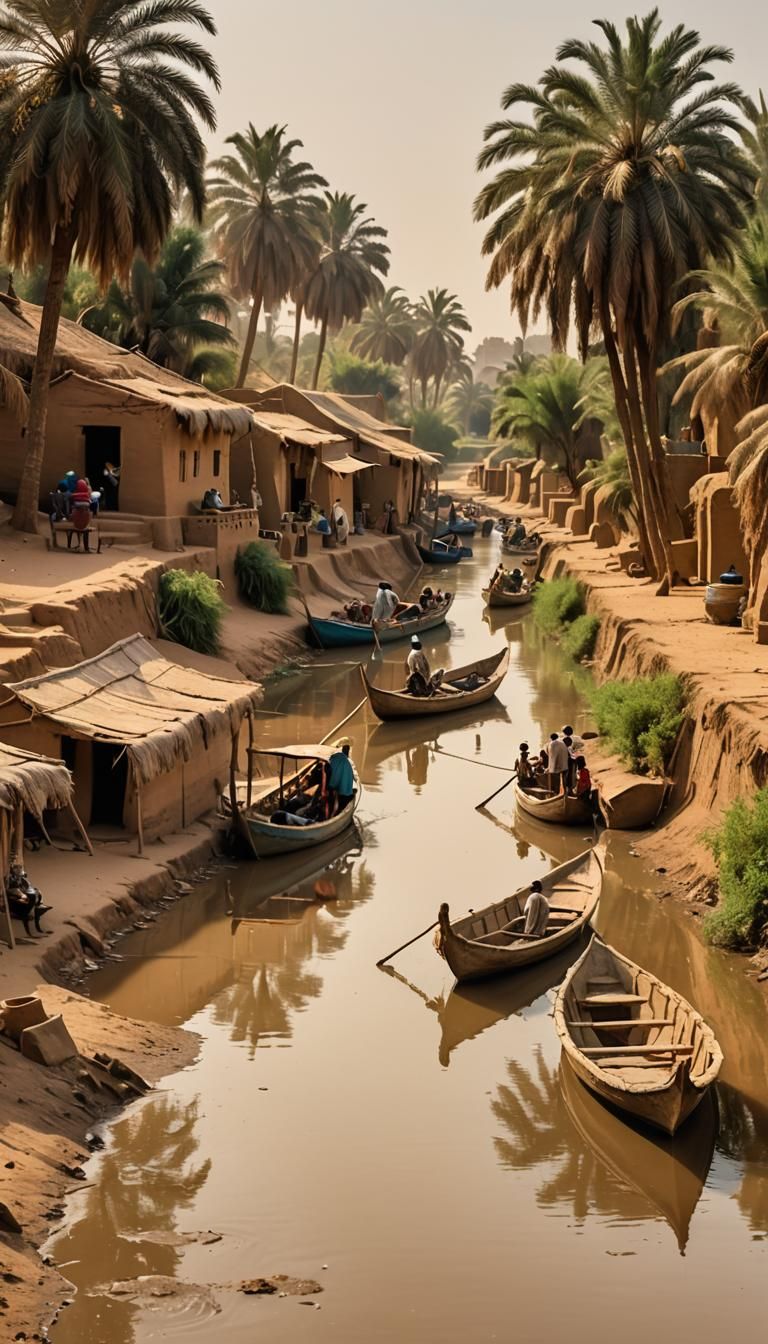 Tranquil Nile Village with Temple and Pharaoh