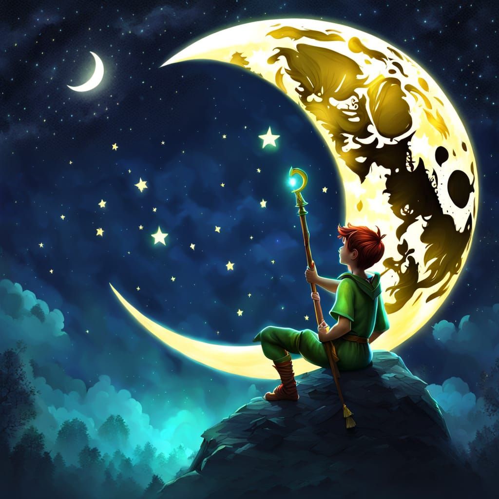Cartoon Peter Pan Drawing on the Moon