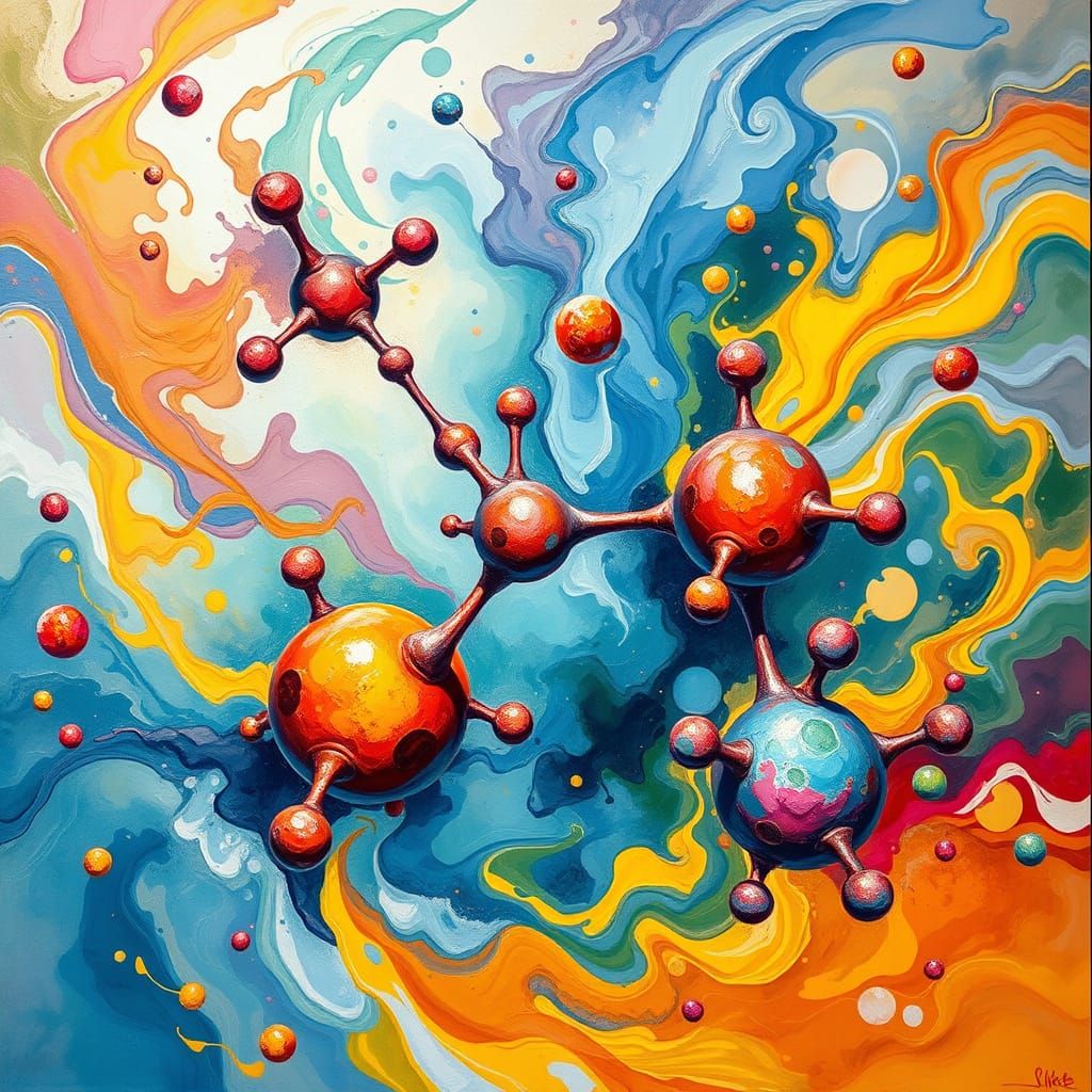 Vibrant Molecules in Dynamic Equilibrium, Gouache Style