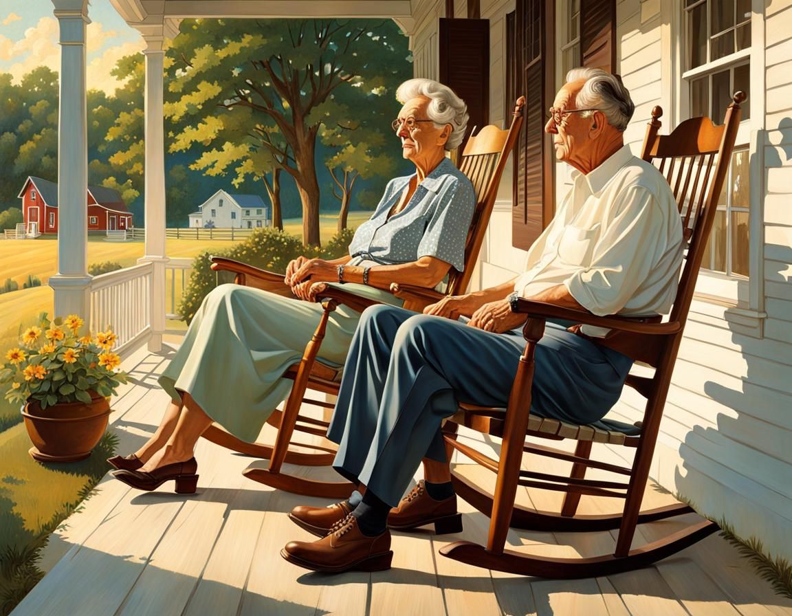 Farmhouse Sunset: Elderly Couple in Rockwell Style
