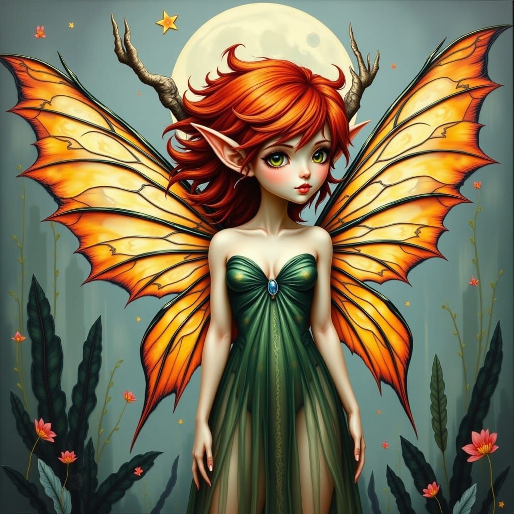 Enchanted Fairy with Wild Red Locks and Vibrant Iridescent W...