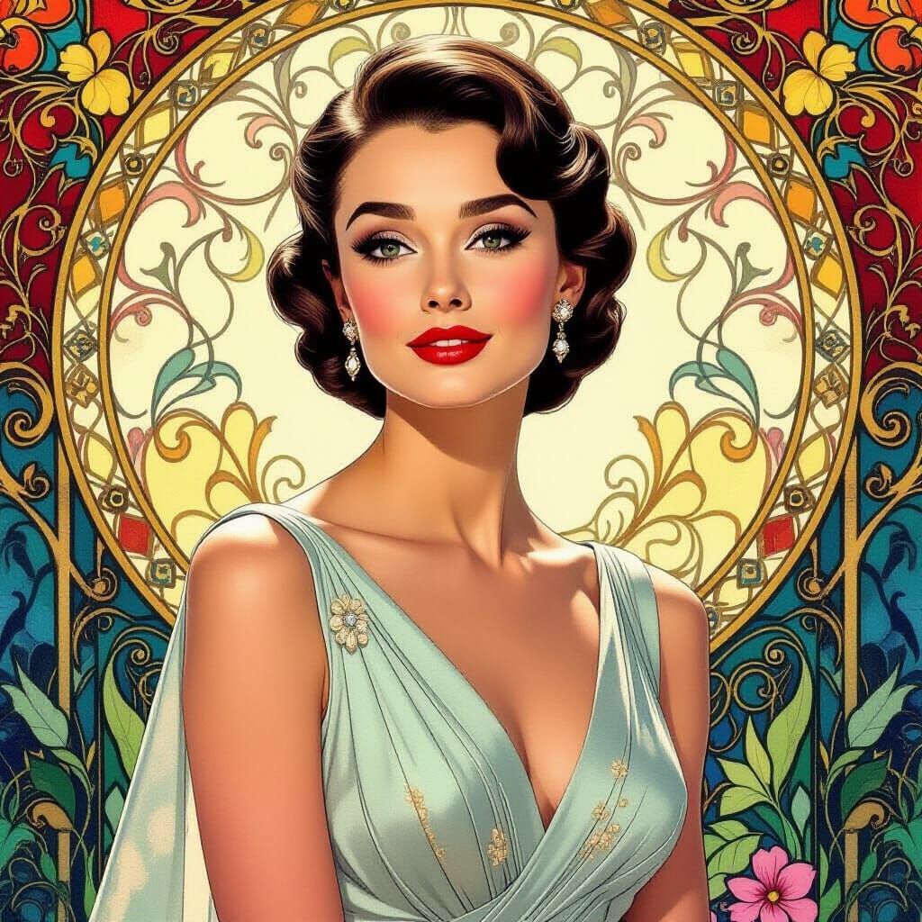 Hyperrealistic Audrey Hepburn Look-Alike in Art Nouveau Styl...