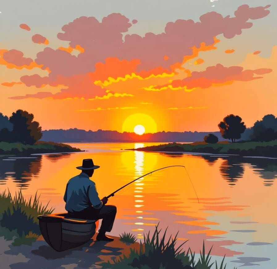 Fisherman at Sunset: Watercolor Ink Splash Art