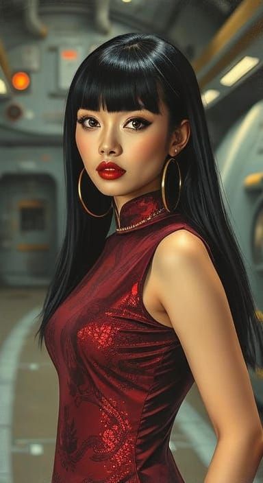 Retro-Futuristic Asian Woman in Space, Impasto Style