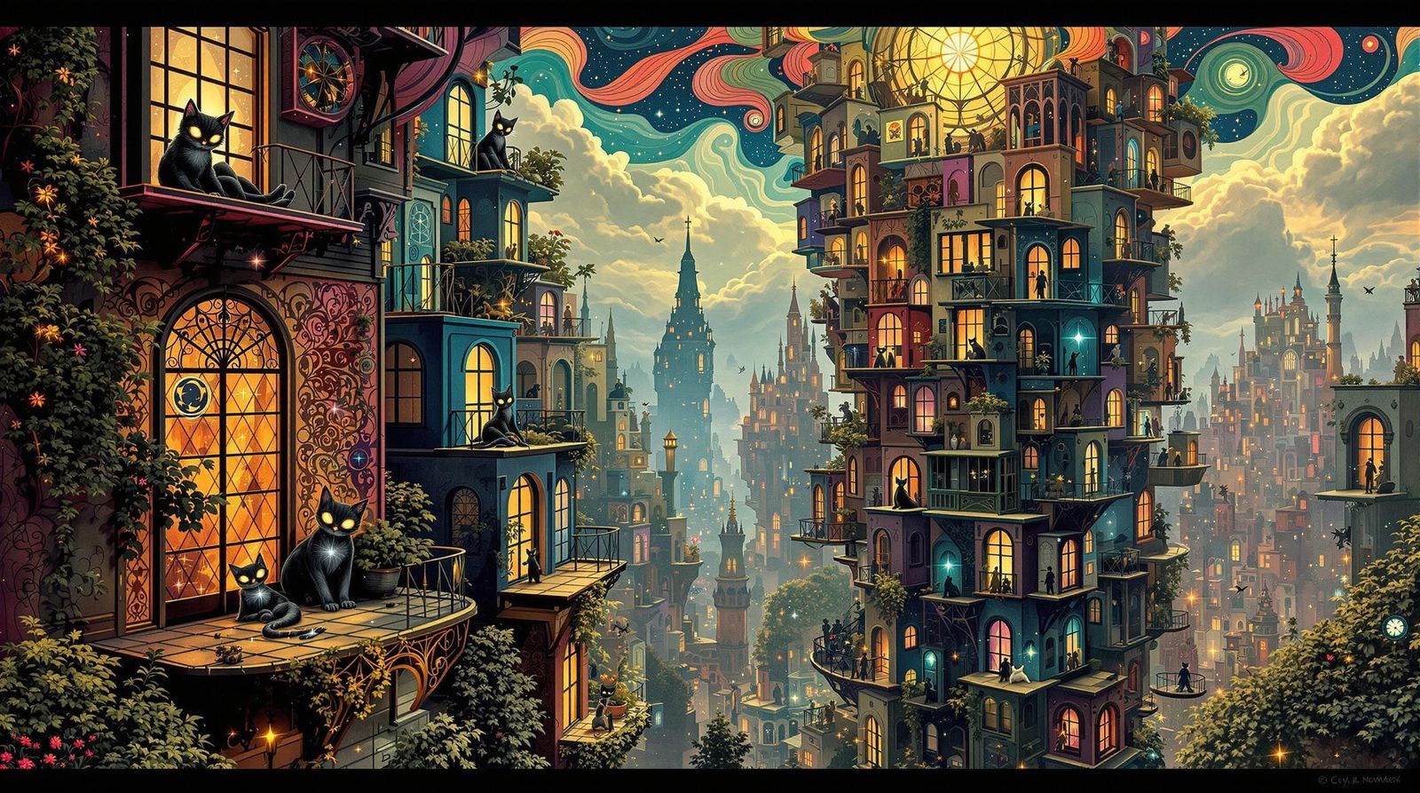 Surreal Feline Dreamscape in Art Nouveau Style