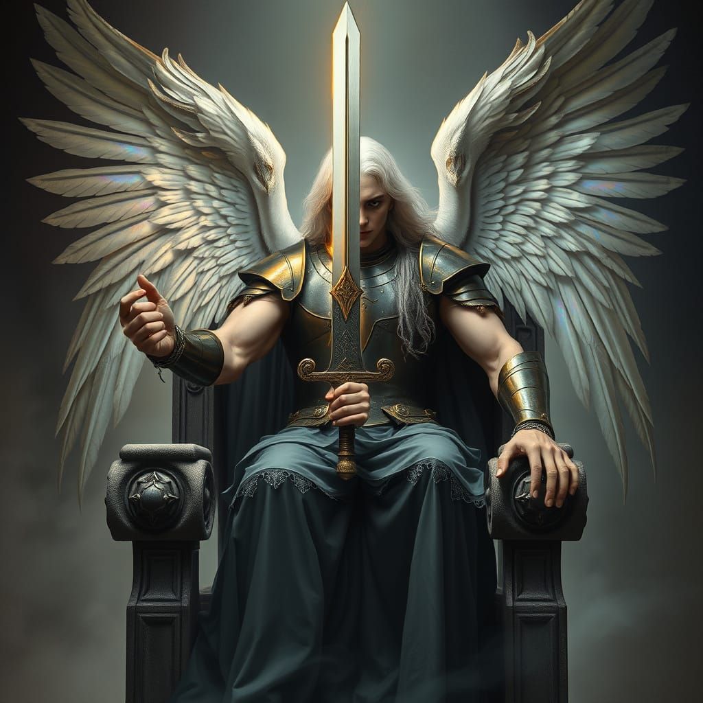 Baroque Angel Descends in Renaissance Armor with Flaming Swo...