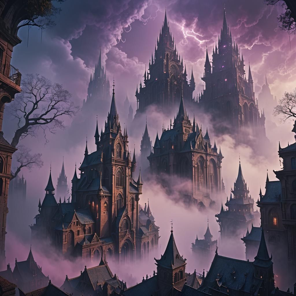 Eerie Cityscape in Mist: Dark Fantasy Art