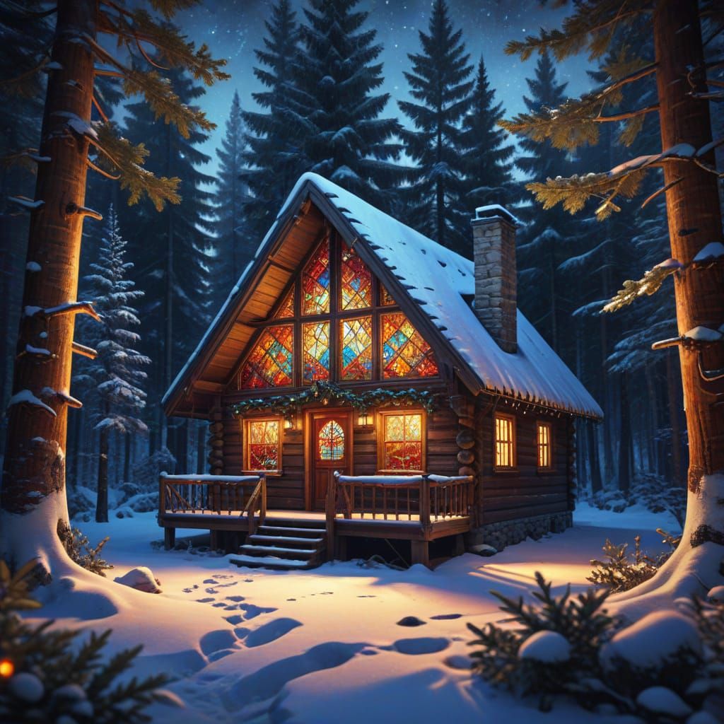 Cozy Christmas Cabin Stained Glass Art
