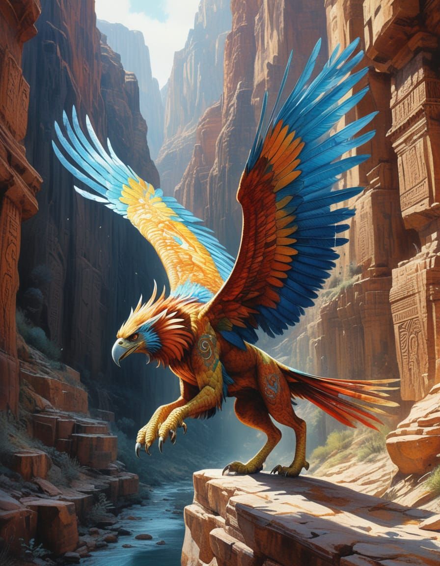 Majestic Griffin Soaring Through Sunlit Canyon in Watercolor...