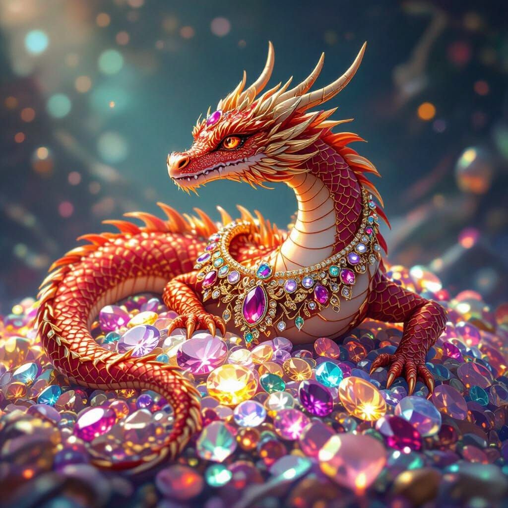 Ruby Dragon Guarding Gemstone Hoard