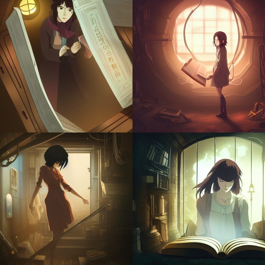 Steampunk Woman Emerges from Book, Anime Style
