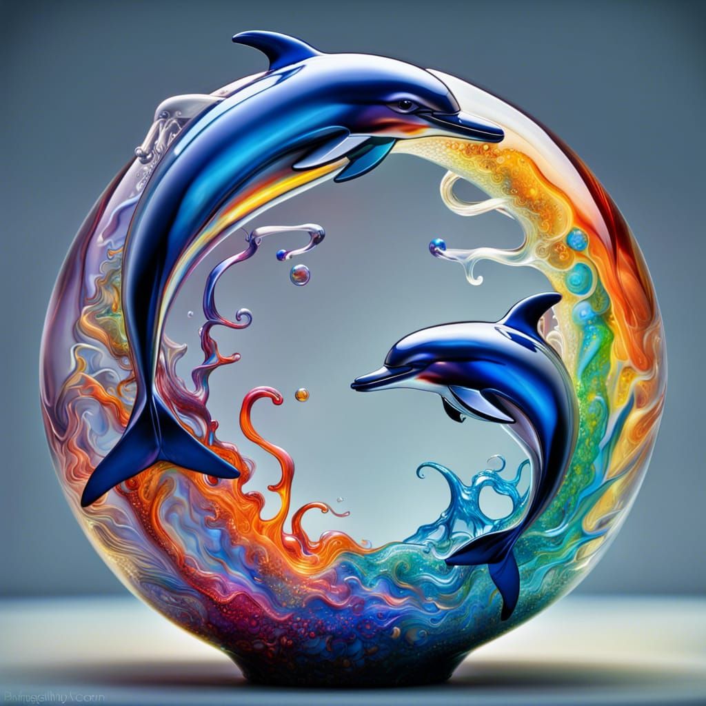 Colorful Glass Dolphins Yin Yang in Hyperrealism
