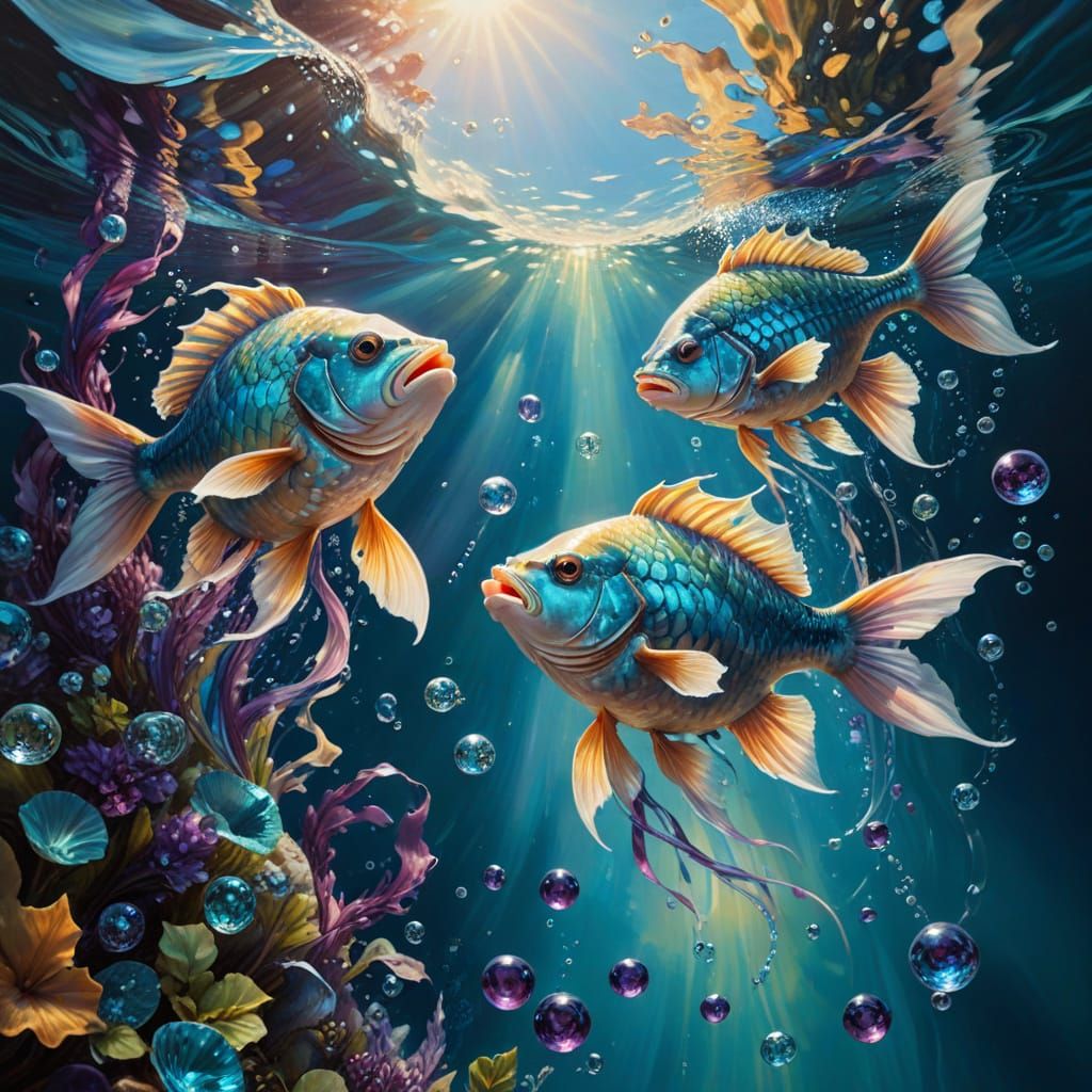 Vibrant Surrealist Painting of Two Racing Fish