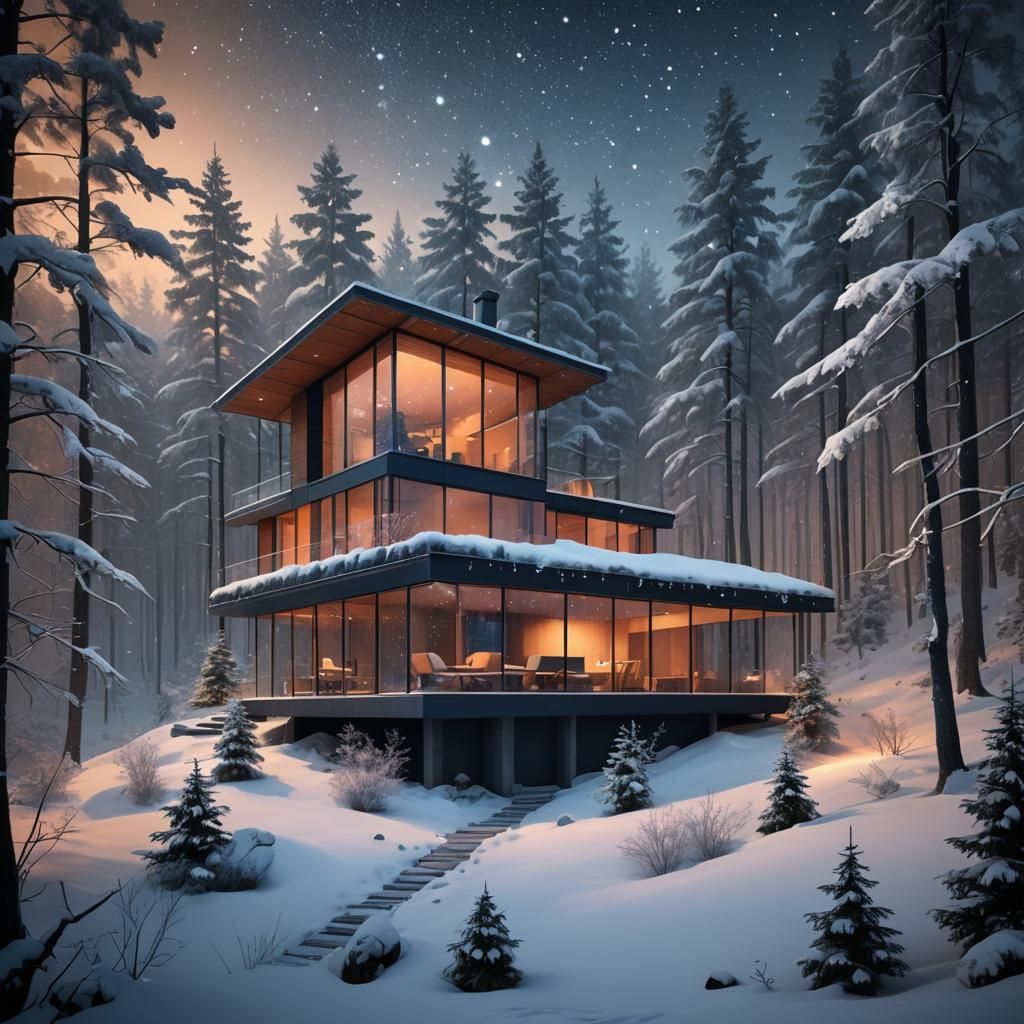 Glass Mountain Cottage in Forest: Hyper-Realistic Matte Pain...