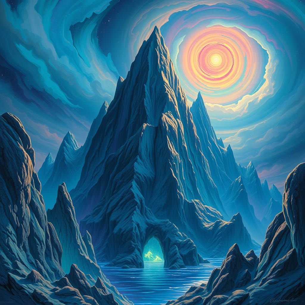 Ethereal Mountains Rise From Ocean Depths in Surreal Digital...