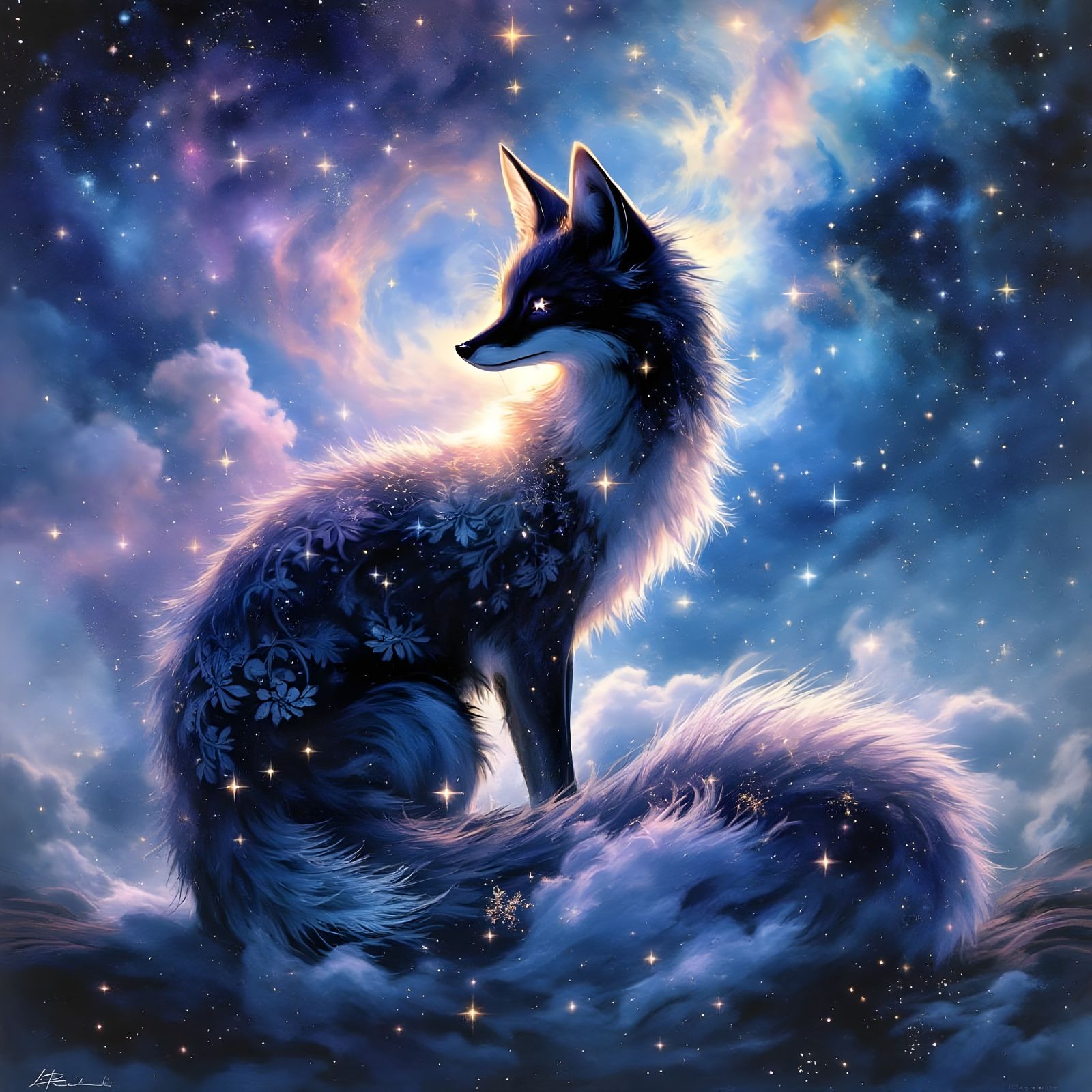 Ethereal Fox Silhouette Amidst Vibrant Galaxy