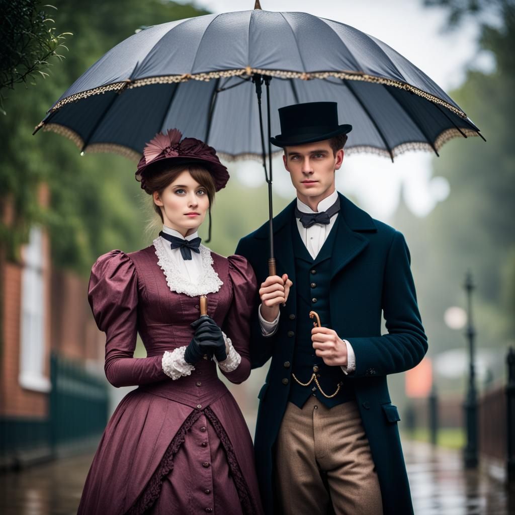Victorian Couple Under Umbrella: Professional Photography