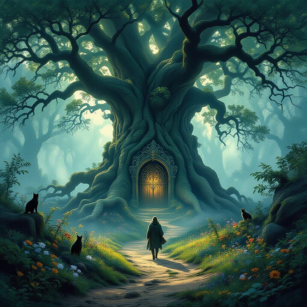 Mystical Woods Traveler Discovers Enchanted Tree Door