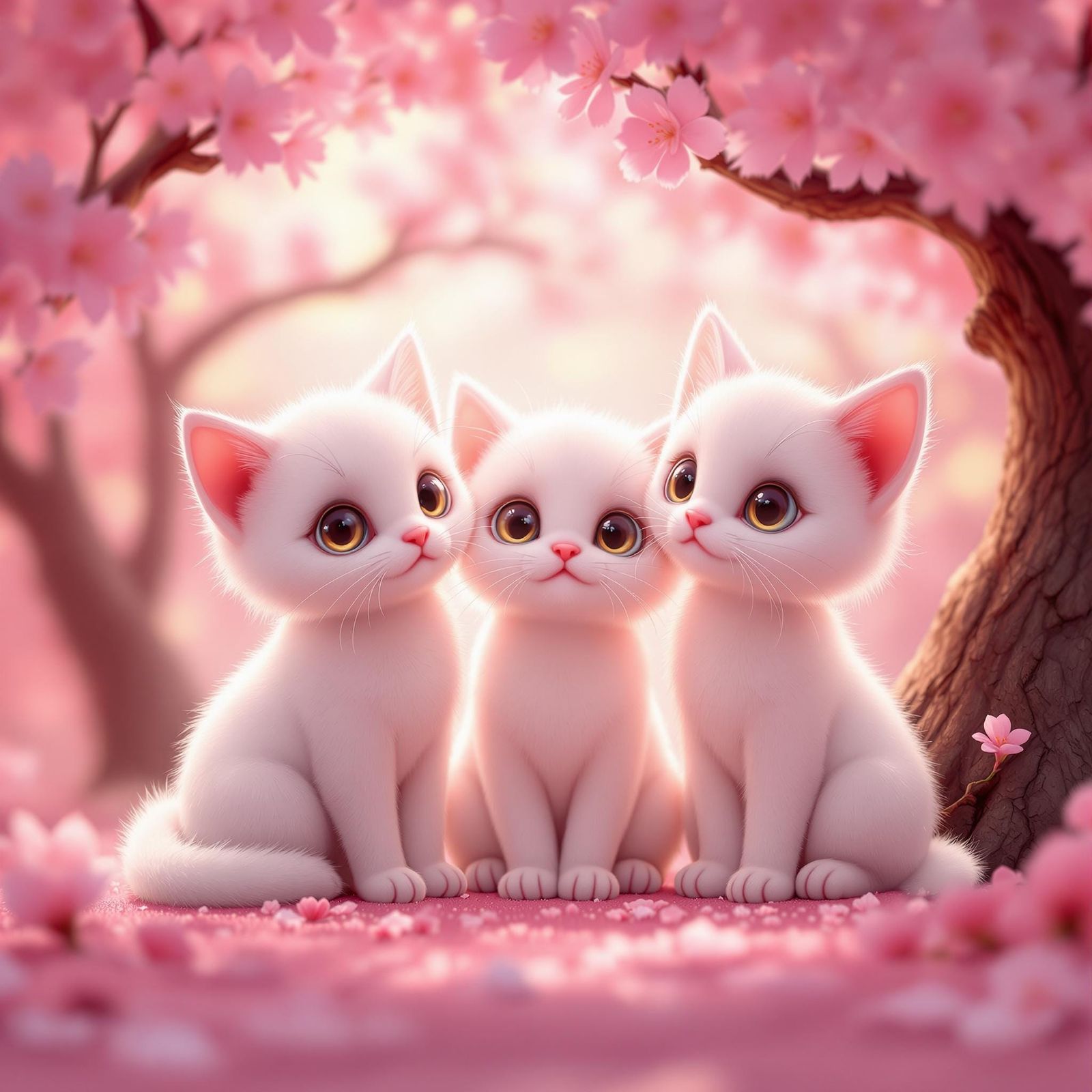 A kawaii digital illustration with pink gradient backgrounds blending pink with yellow lighting

Three adorable animated...