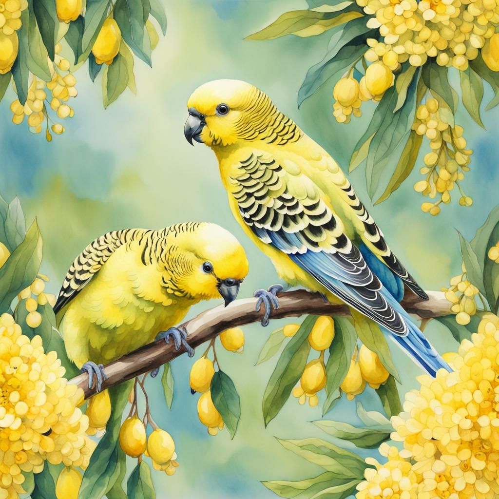 Realistic Watercolour Budgerigars on Wattle Branches