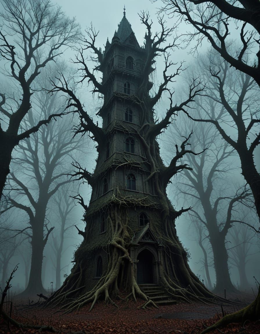 Gothic Towers Shrouded in Dark, Mysterious Fog