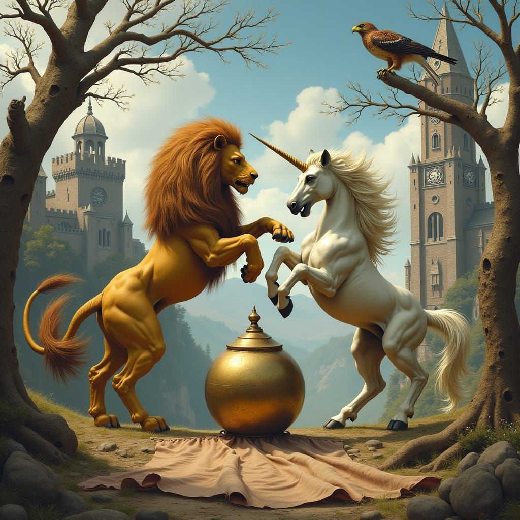 Lion and Unicorn Battle with Clockwork Castle