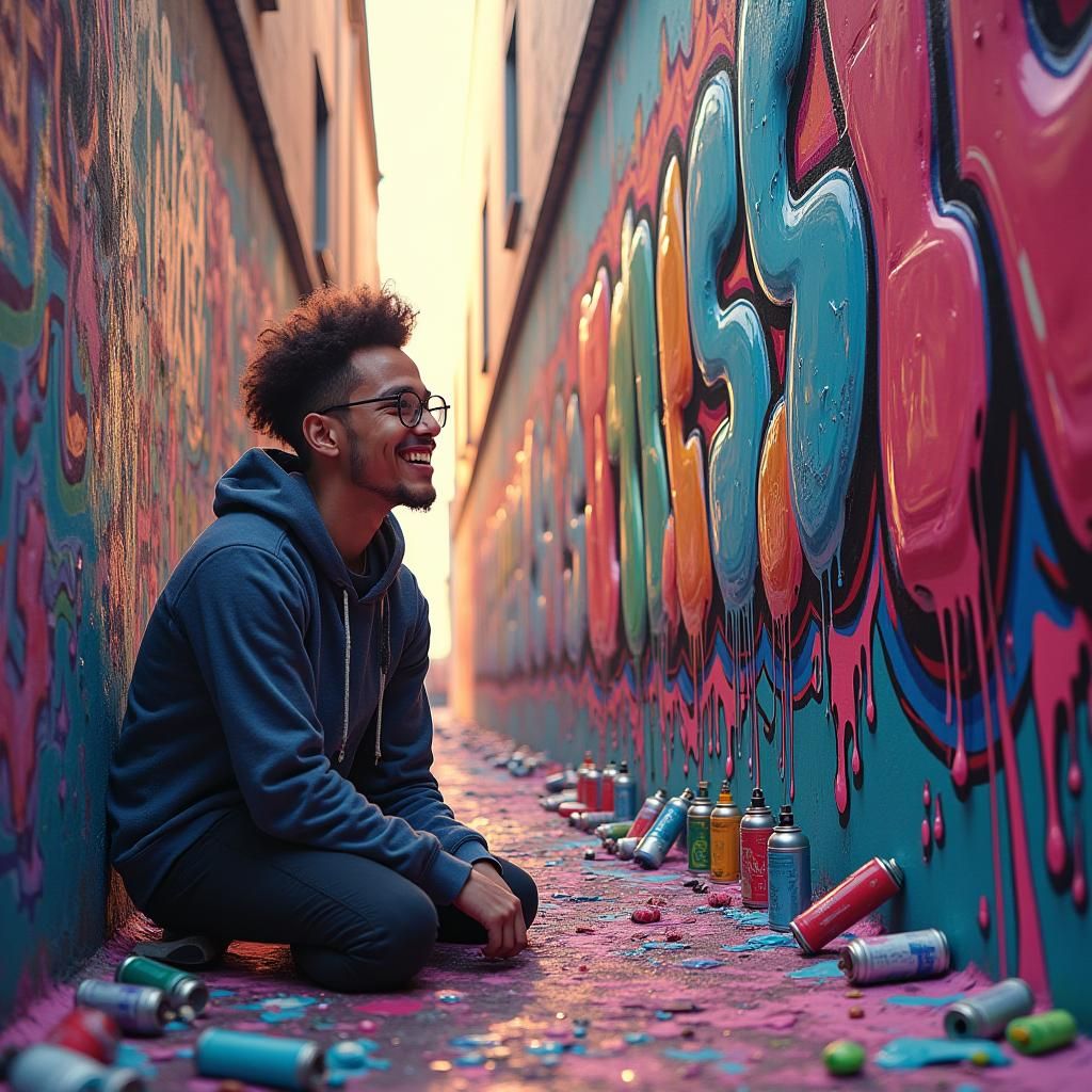 Person Surrounded by Vibrant Street Art