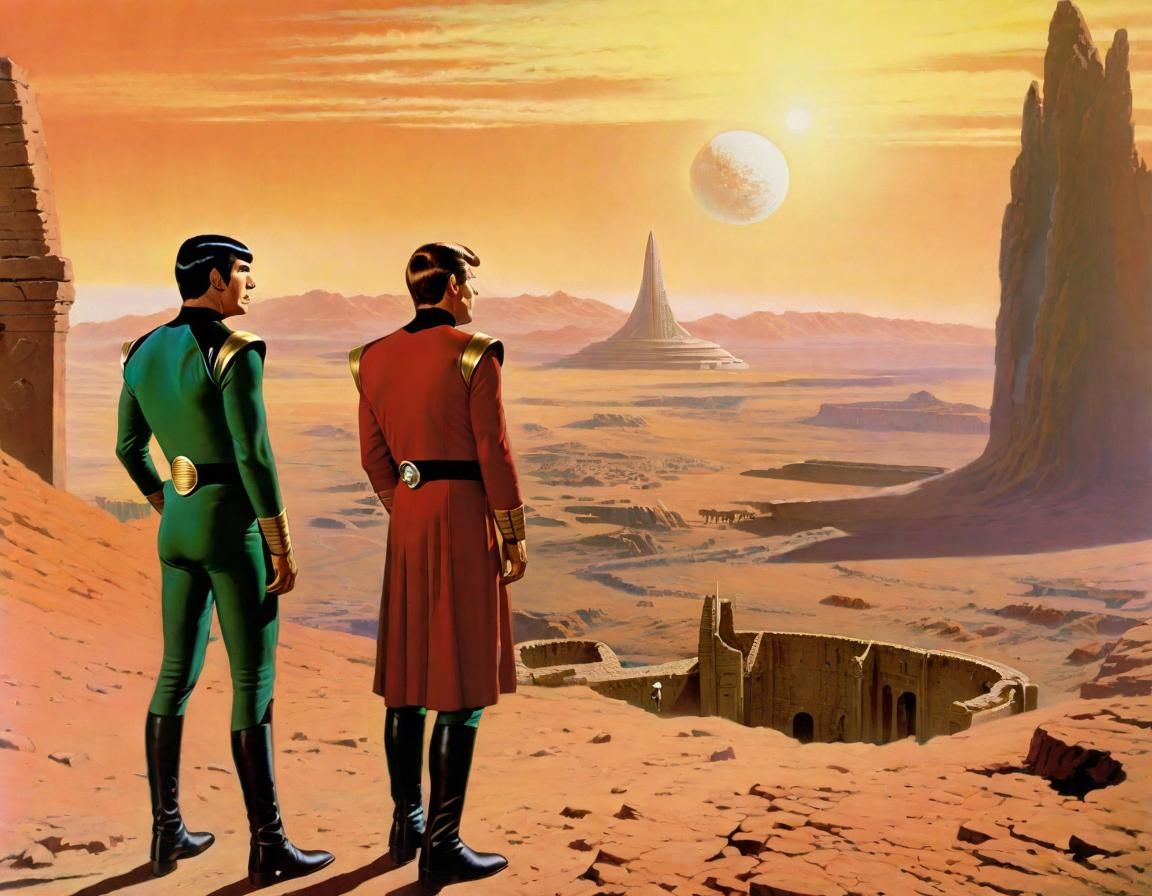 Star Trek Retro; Spock and Kirk survey the ruins of an ancient civilization