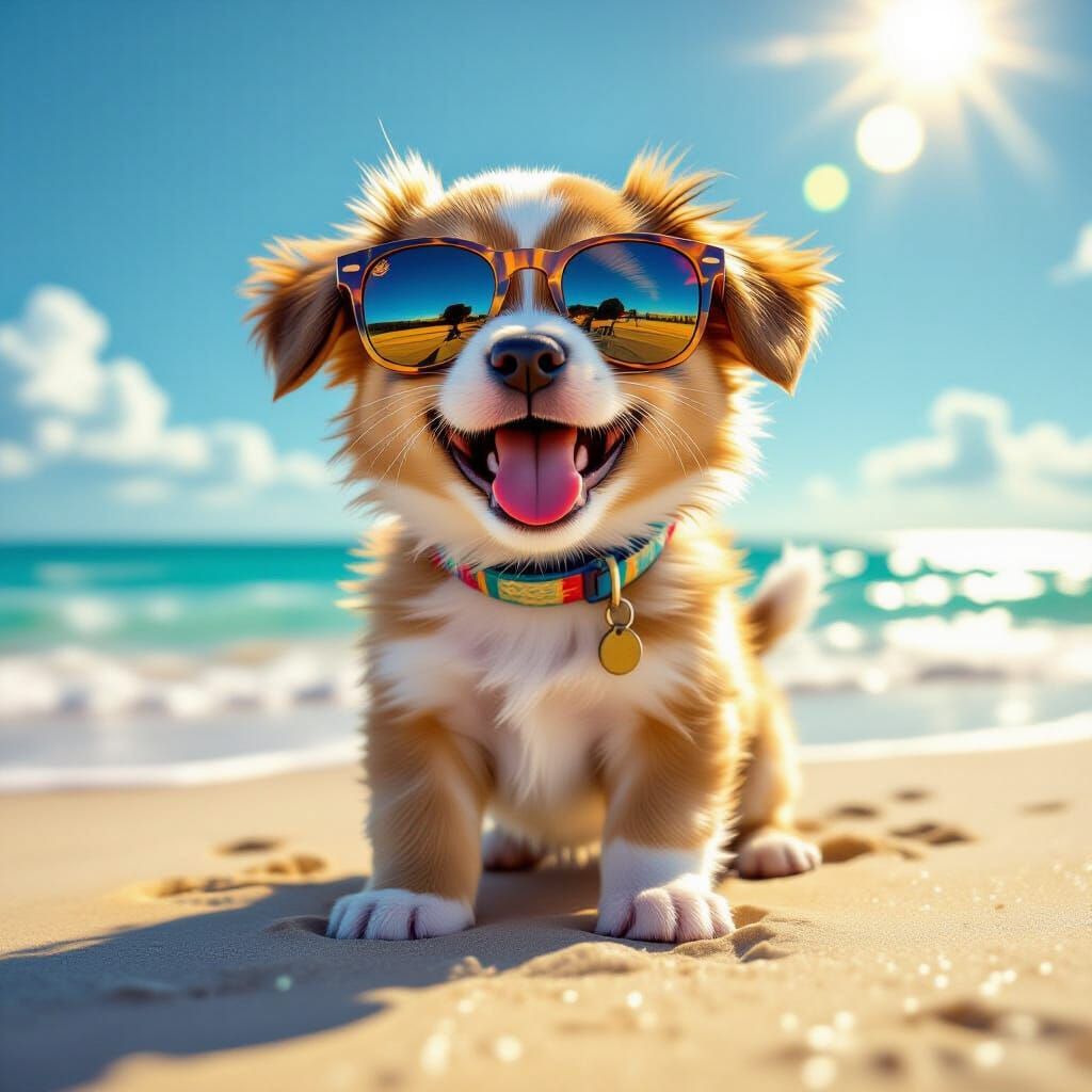 Puppy in Sunglasses Laughing on Sunny Beach