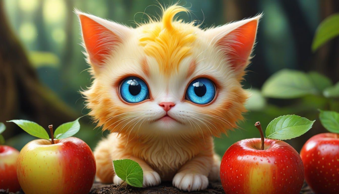 Cute Digital Art Alien Cat and Apple Fusion