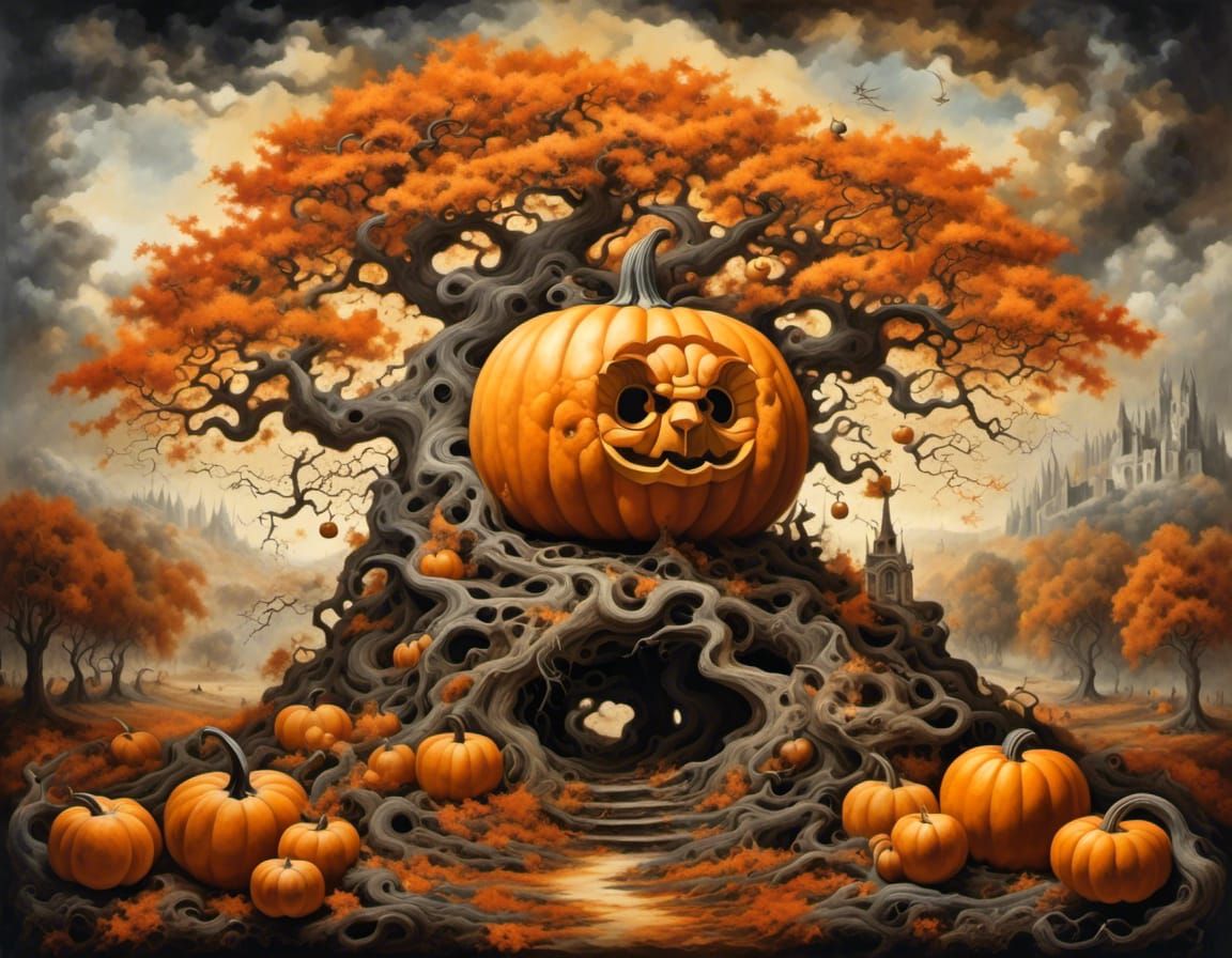 Surreal Autumn Landscape with Gnarled Pumpkin