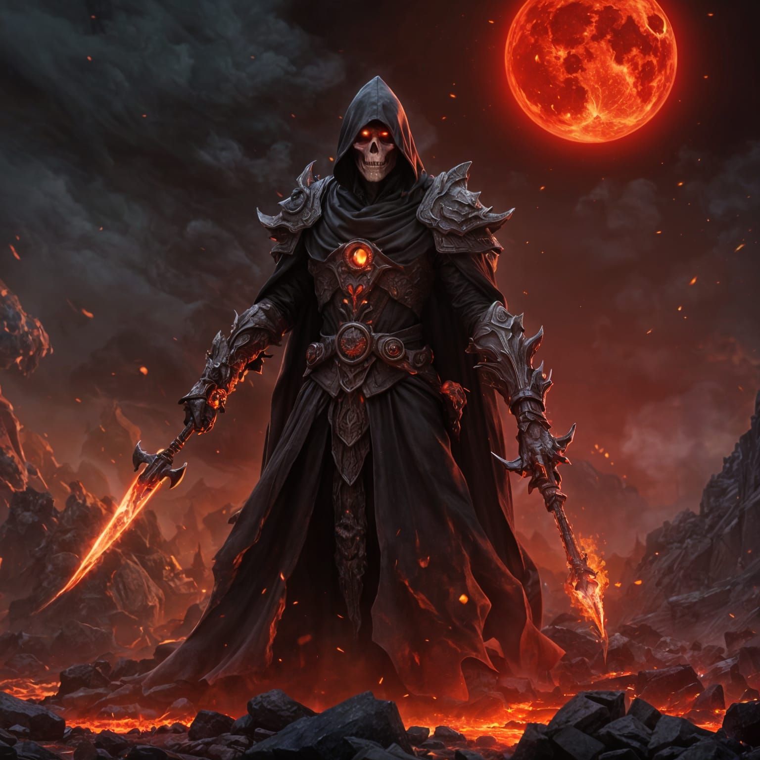 Crimson Reaper Lich in Hellscape, Dark Fantasy Art
