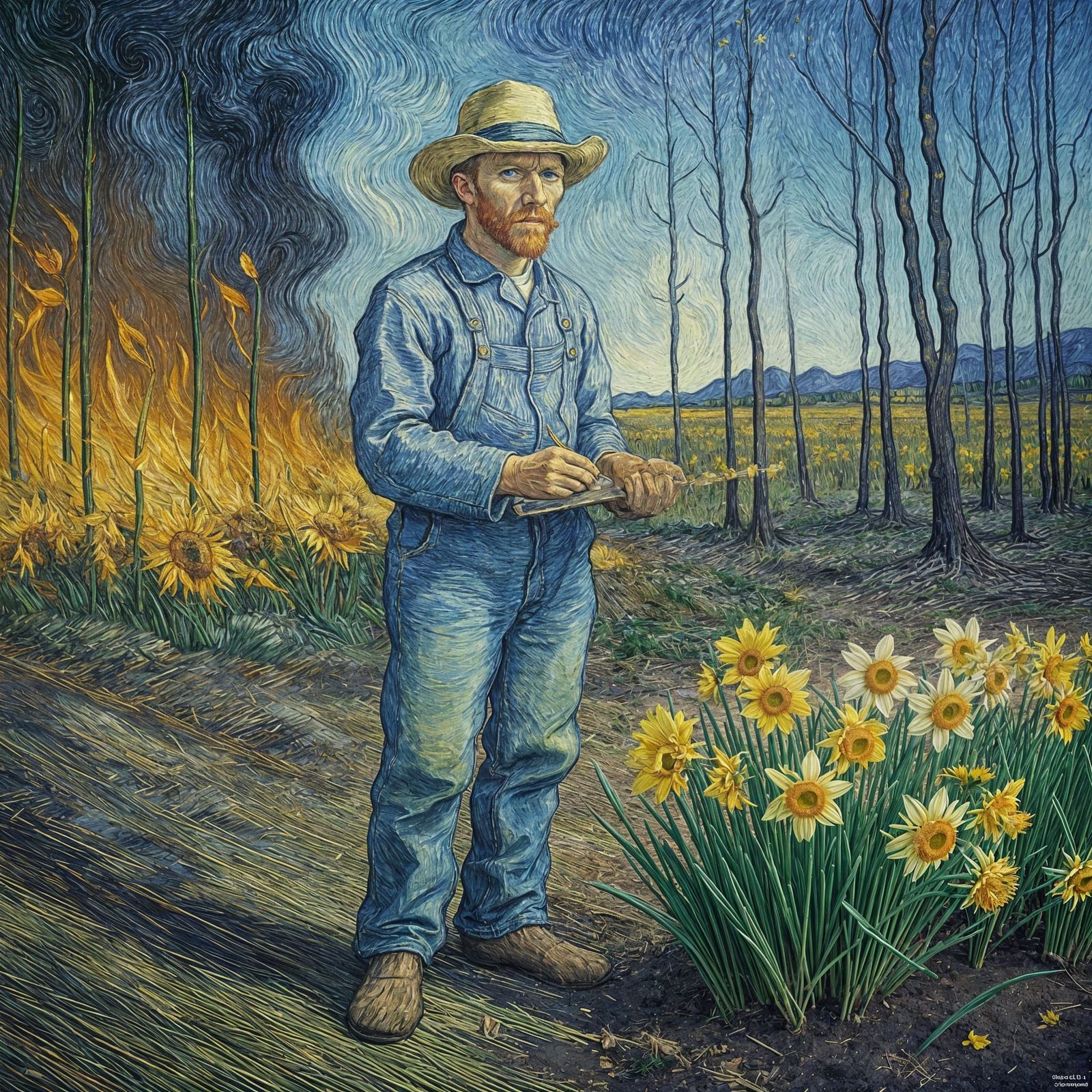 Daffodils Painting in Van Gogh's Impasto Style