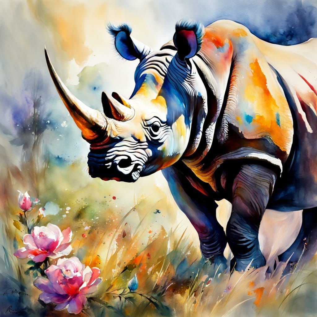 Rhino in Whimsical Watercolour