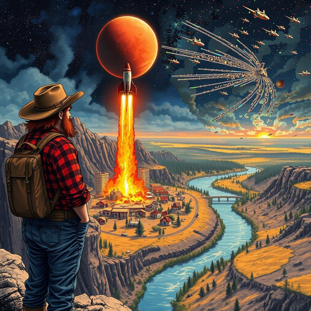 Epic Cowboy in Ruined Townscape, Anime JRPG Style