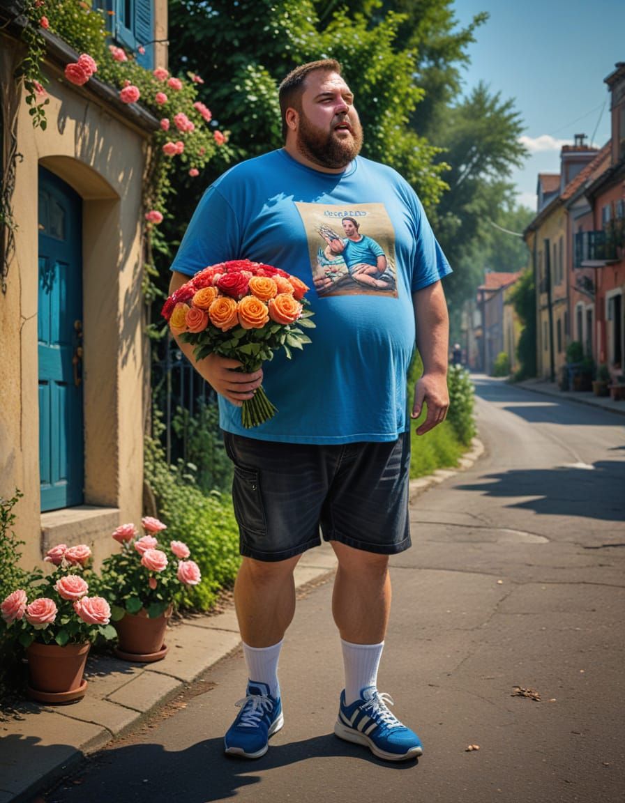 Humorous Oil Painting of a Man with Roses
