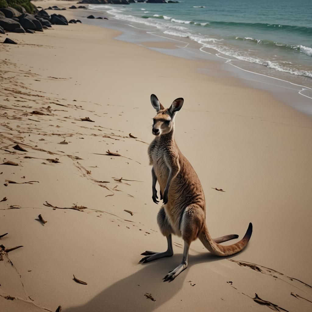 Kangaroo Waving on Beach in Detailed Matte Painting