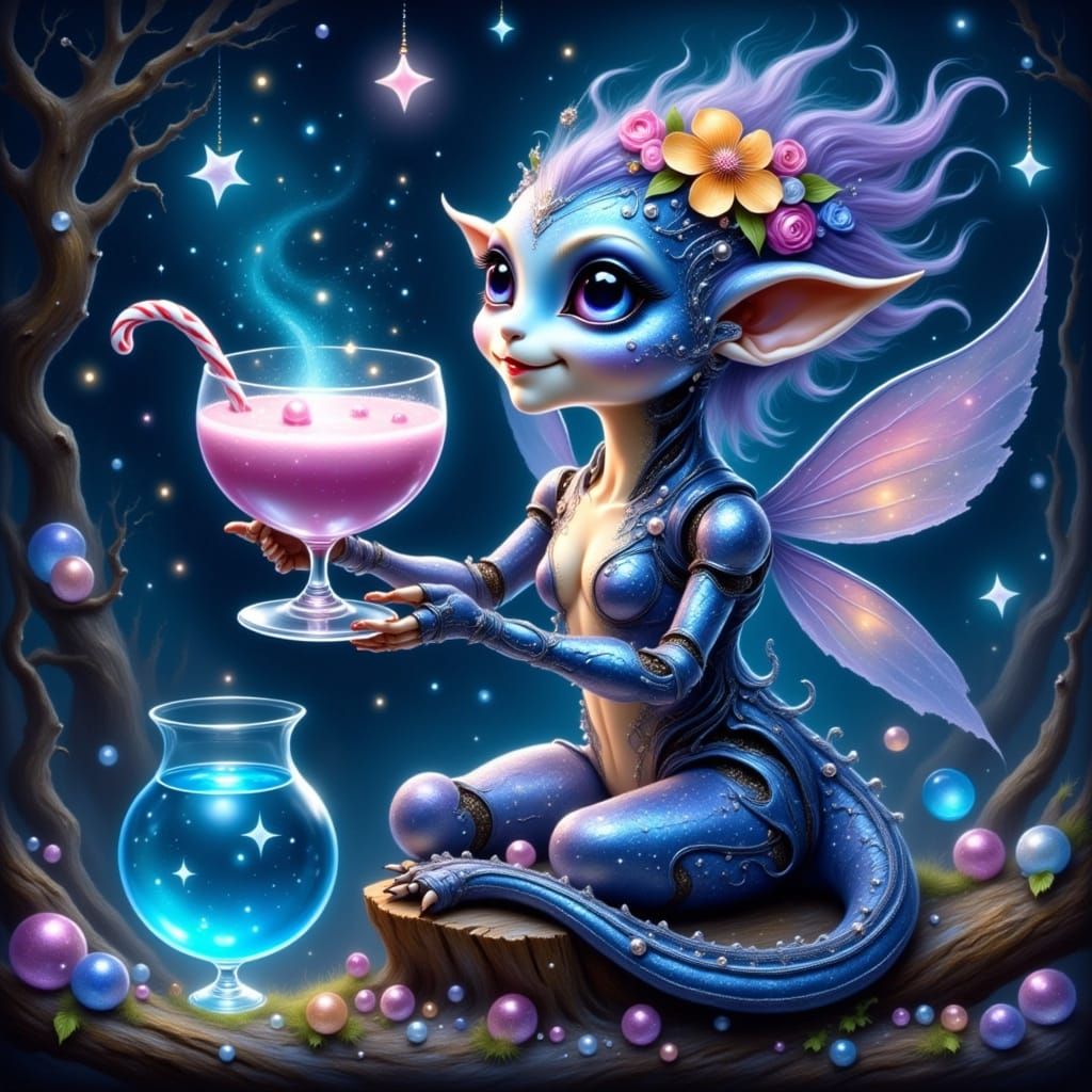 Whimsical Star Robot Creates Smoothy for Blue Dragon Woman