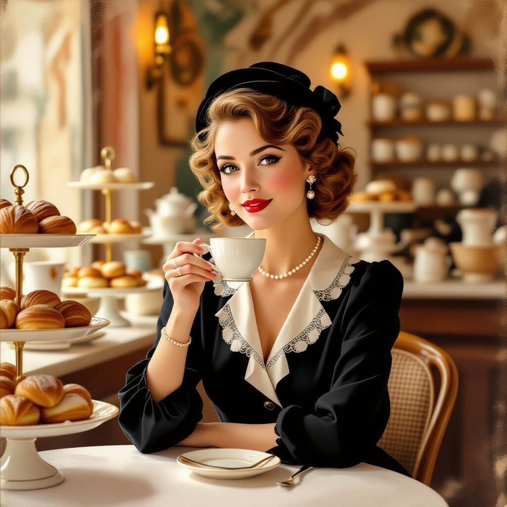 Elegant 1940s French Woman Enjoys Coffee in Vintage Bakery