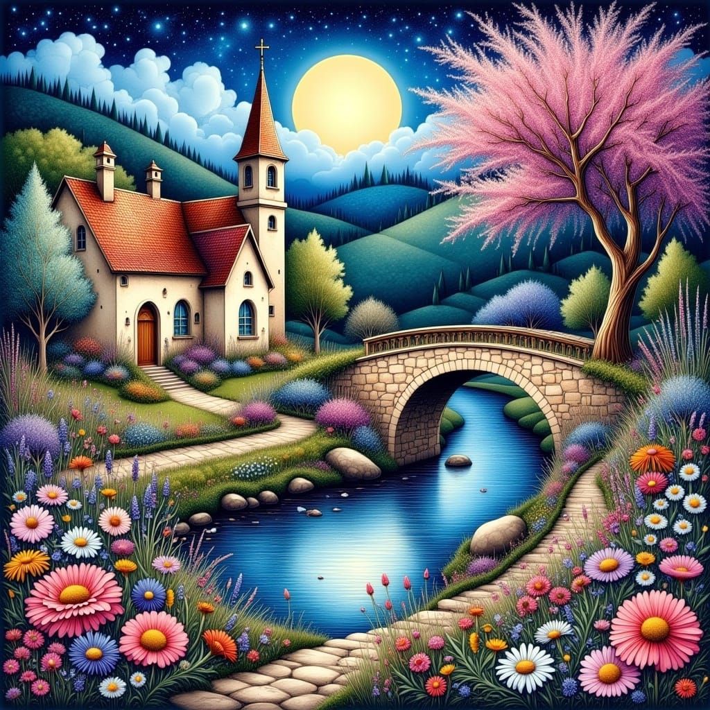 Idyllic Village Scene with Stone Houses in Naive Art