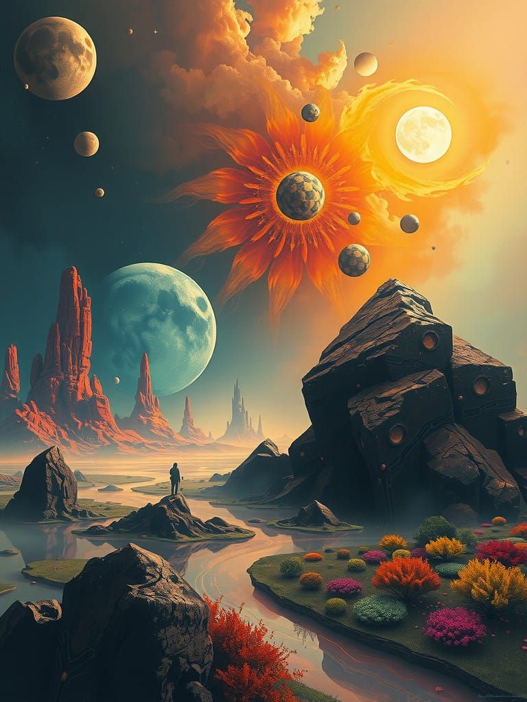 Surreal Futuristic Landscape with Mystical Symbols