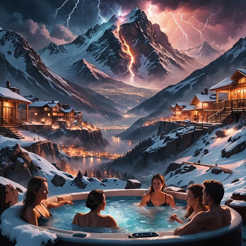 Snowy Mountain Hot Tub Under Lightning Storm