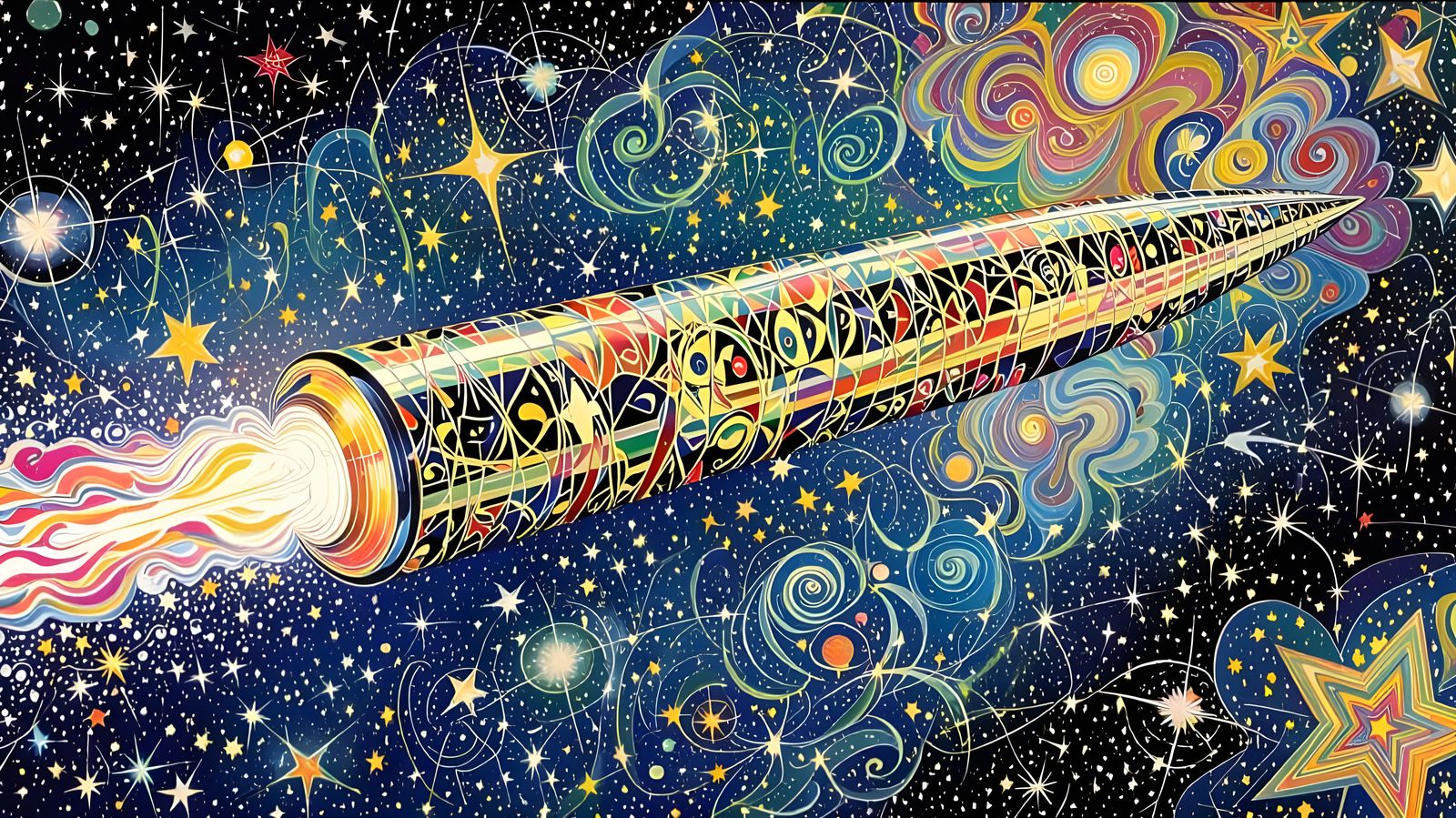 Sleek Metallic Cylinder with Plasma Exhaust in Cosmic Impast...