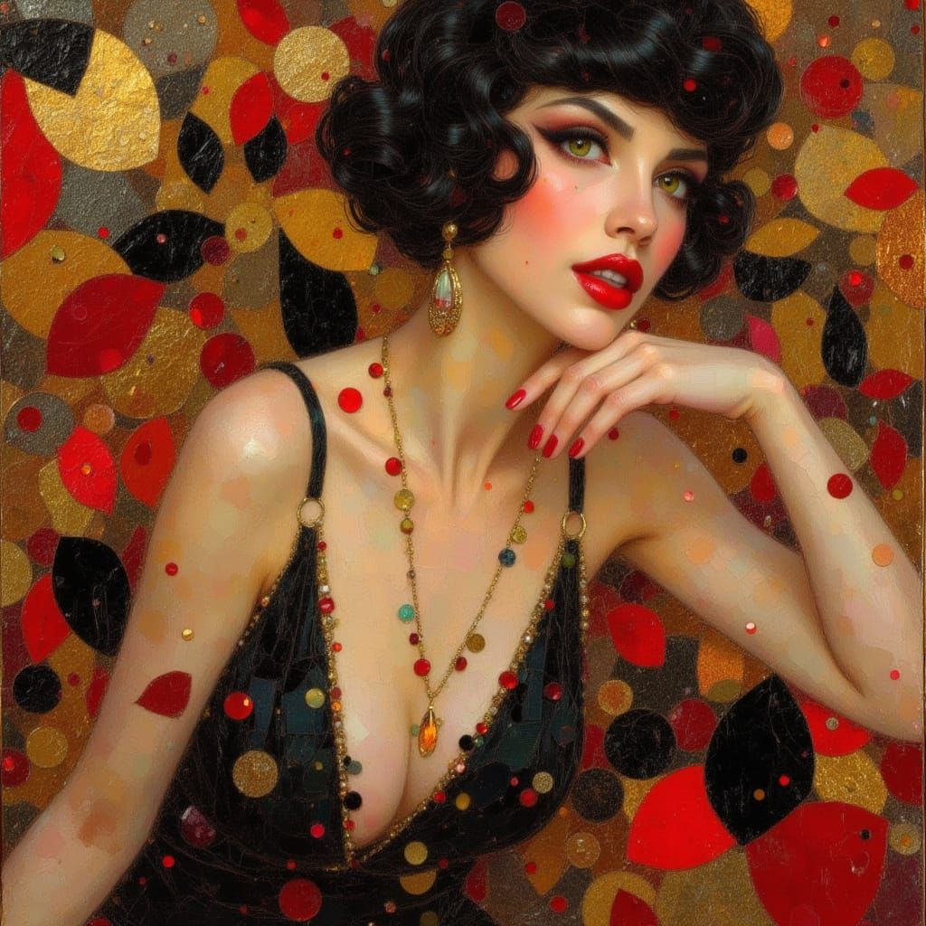 1920s Flapper Portrait in Art Deco Oil Painting