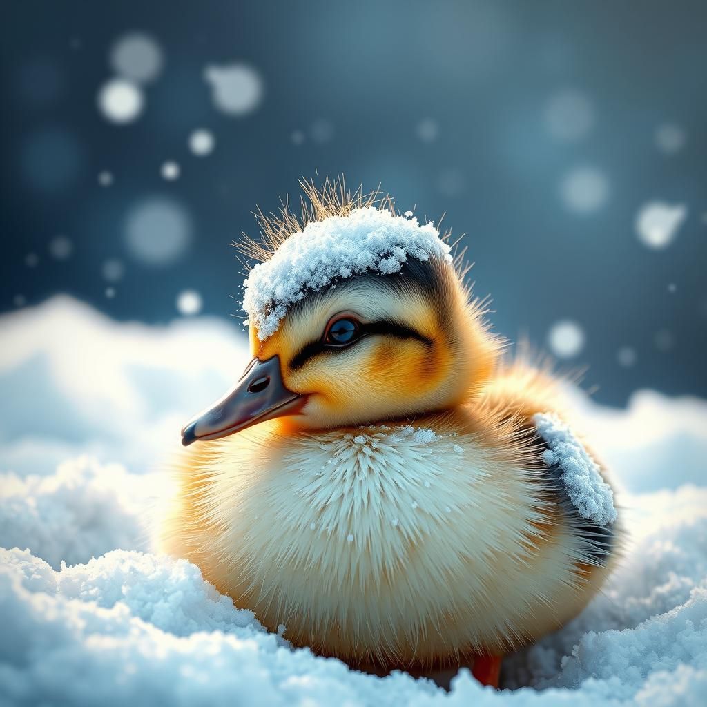 Adorable Duckling in Snow: Hyperrealistic Splash Art